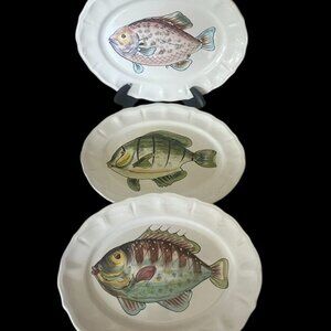 Set Of 3 Ceramic Fish Platters 12" Hand-Painted Italy Signed Cottage Core